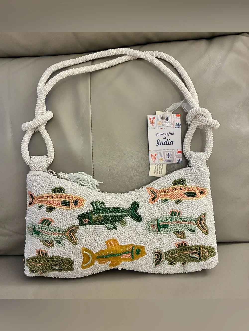 ✨ Handcrafted In India Fish Beaded Bag w/ fisherman knot straps & bag charm NWT